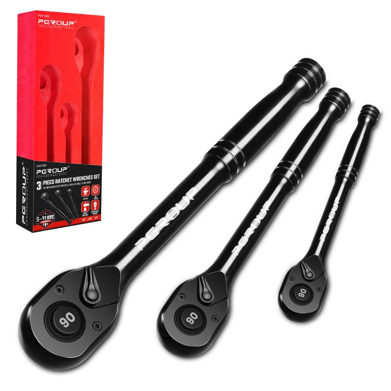 pgroup 3-Piece 90 Tooth Ratchet Wrench Set  1/4   3/8   1/2  Drive Reversible Ratchets  4-Degree Swing  Ergonomic Handle  Chrome Alloy Made  Quick Release Ratchet Wrenches for Repairing  Home  DIY - Image 1